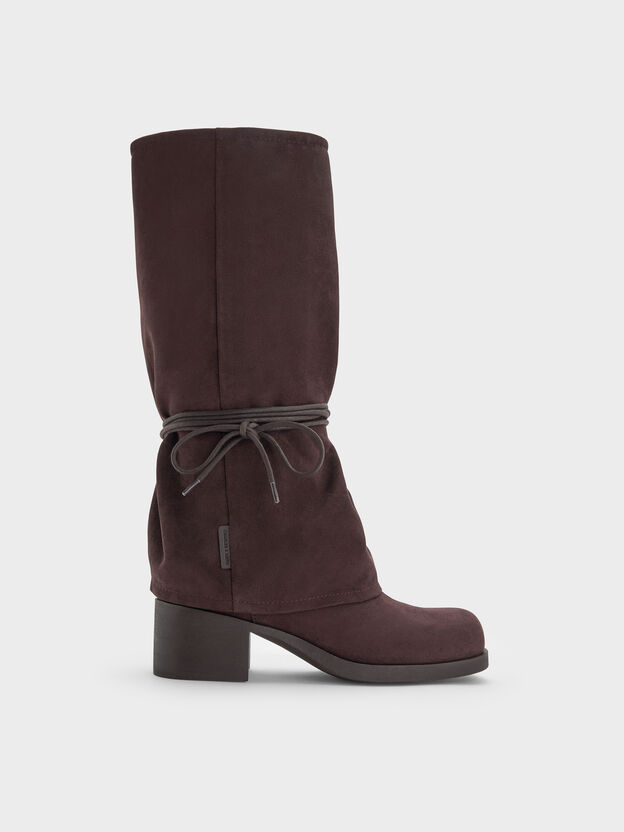 Faux Suede Tie-Around Knee-High Boots, Dark Brown Textured, hi-res