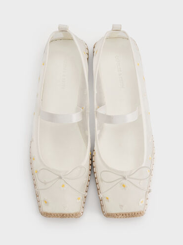 Bernadine Mesh Floral-Embroidered Tie-Around Espadrille Flats, White, hi-res