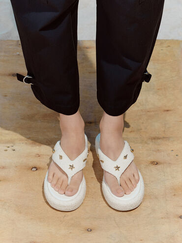 Tweed Beach Flatform Thong Sandals, Chalk, hi-res