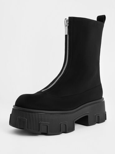 Faux Suede Zip-Up Platform Calf Boots, Black Textured, hi-res