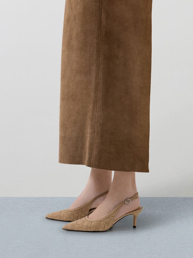 Ivette Faux Suede Woven Pointed-Toe Slingback Pumps, Sand, hi-res