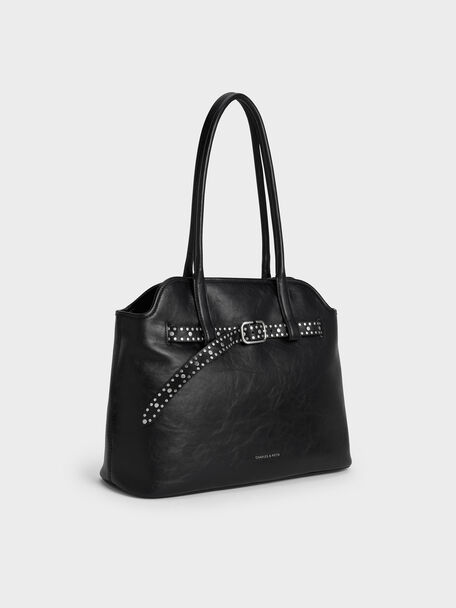 Victoria Studded Belted Trapeze Tote Bag, Noir, hi-res
