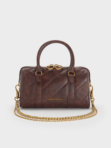 Philomena Panelled Chain-Handle Bowling Bag, Distressed Coffee, hi-res
