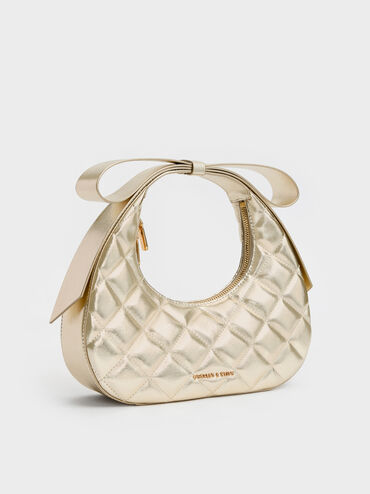 Janie Metallic Quilted Bow-Handle Crescent Bag, Champagne, hi-res