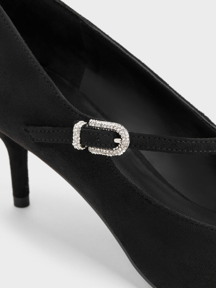 Faux Suede Asymmetric-Strap Pumps, Black Textured, hi-res