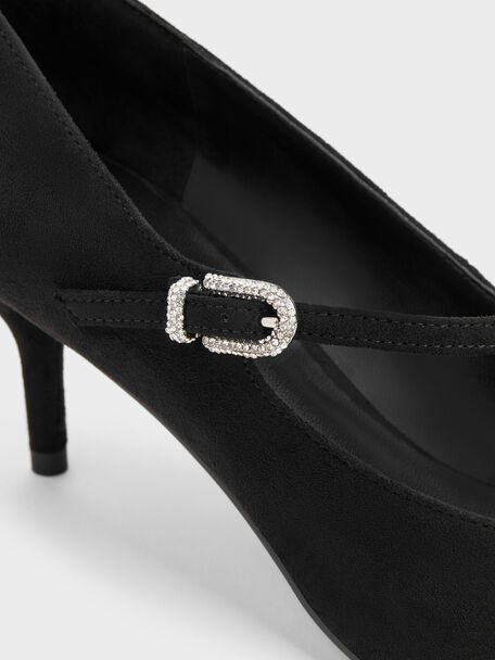 Faux Suede Asymmetric-Strap Pumps, Black Textured, hi-res