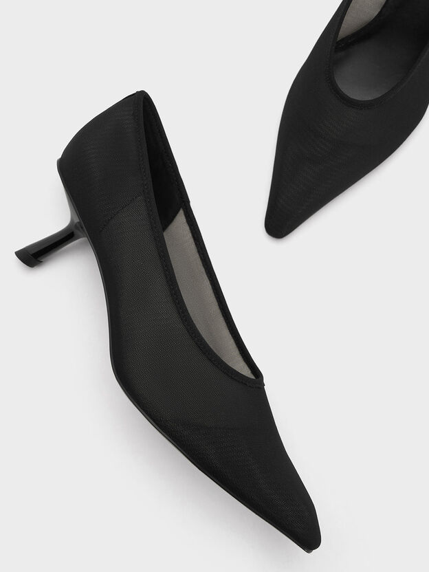Mesh Slant-Heel Pointed-Toe Pumps, Black Textured, hi-res