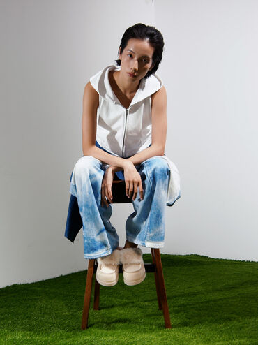 Textured Fur-Trim Flatform Mules, Beige, hi-res