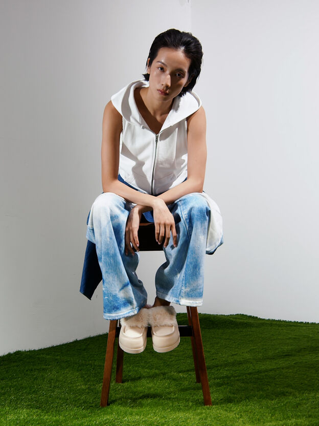 Textured Fur-Trim Flatform Mules, Beige, hi-res
