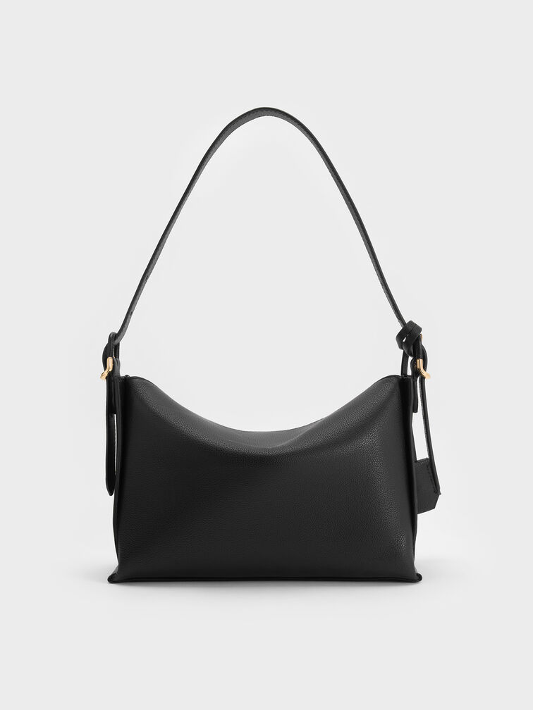 Leather Top-Flap Hobo Bag, Black, hi-res