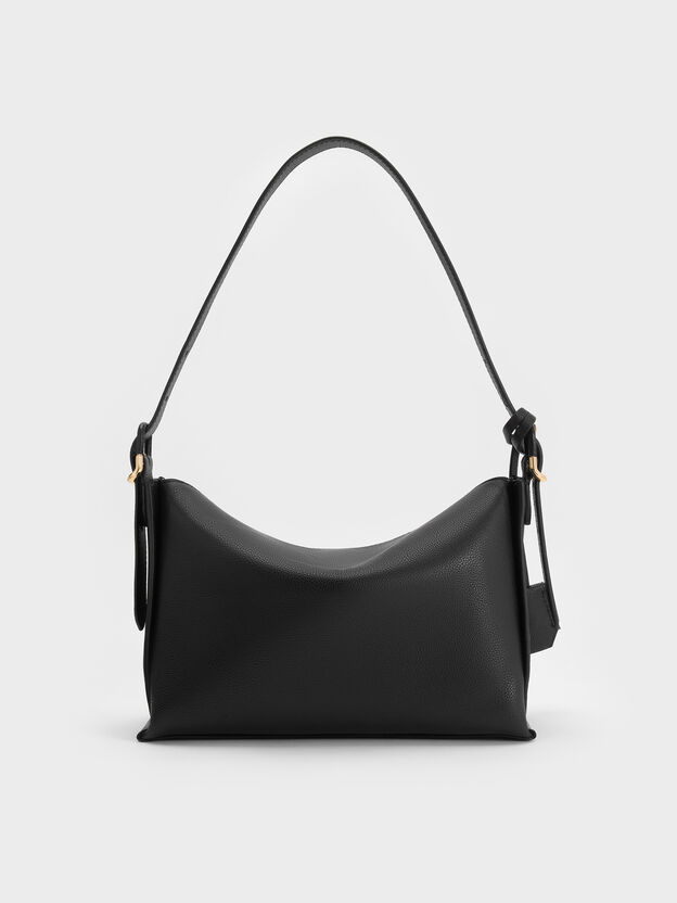 Leather Top-Flap Hobo Bag, Black, hi-res