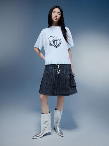 Metallic Elongated Tapered-Toe Kitten-Heel Calf Boots, Silver, hi-res