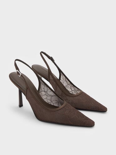 Lace & Satin Slingback Pumps, Dark Brown Textured, hi-res