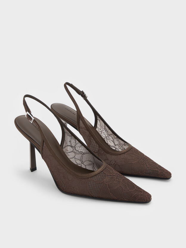 Lace & Satin Slingback Pumps, Dark Brown Textured, hi-res