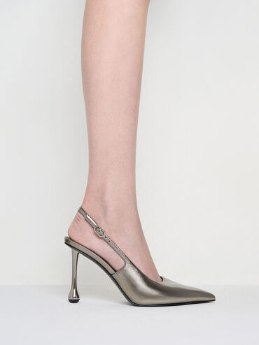 Metallic Sculptural-Heel Pointed-Toe Pumps, Pewter, hi-res