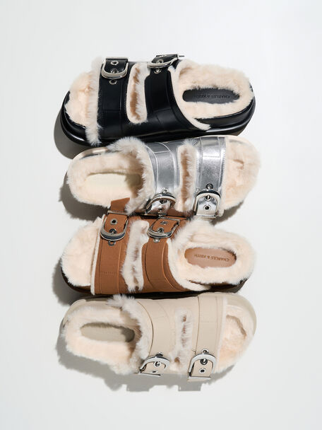 Hannah Furry Buckled Double-Strap Sandals, Brown, hi-res