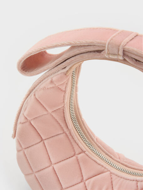 Janie Velvet Quilted Bow-Handle Bag, Pink, hi-res
