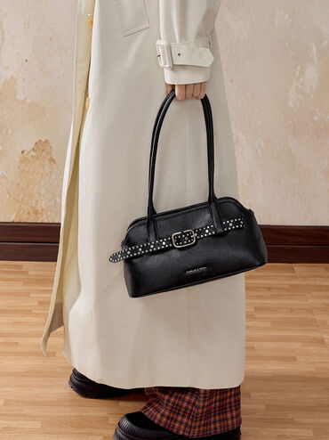Victoria Studded Belted Elongated Shoulder Bag, Noir, hi-res