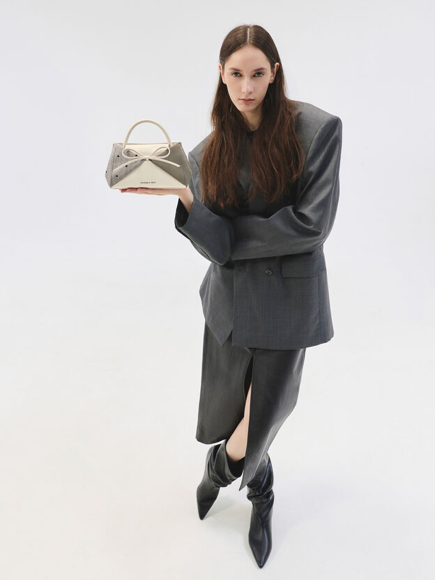 Hazel Heart-Print Bow Panelled Top Handle Bag, Taupe, hi-res