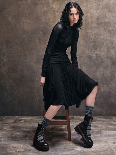 Celia Faux Suede Buckled Multi-Strap Chunky Calf Boots, Black Textured, hi-res