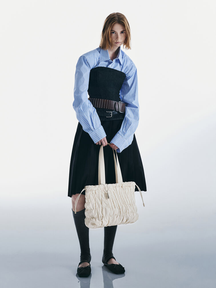 Klio Nylon Ruched Tote Bag, Cream, hi-res