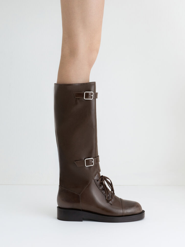 Burnished Double-Buckle Combat Knee-High Boots, Dark Brown, hi-res