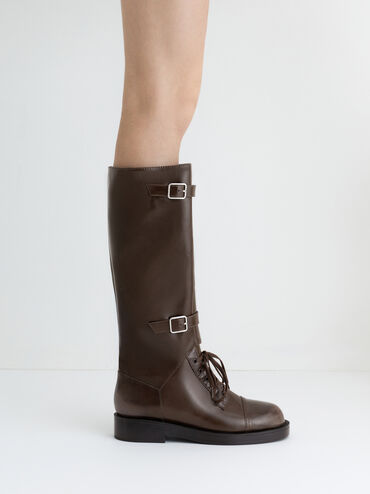Burnished Double-Buckle Combat Knee-High Boots, Dark Brown, hi-res