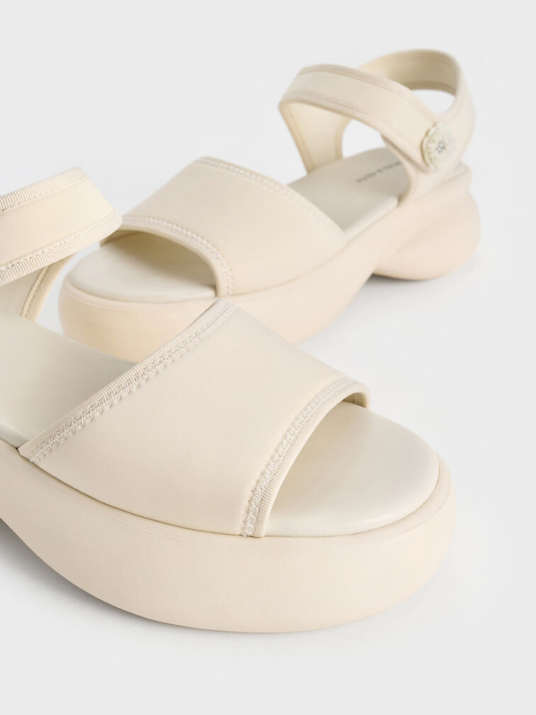 Flower-Buckle Platform Sports Sandals, Cream, hi-res