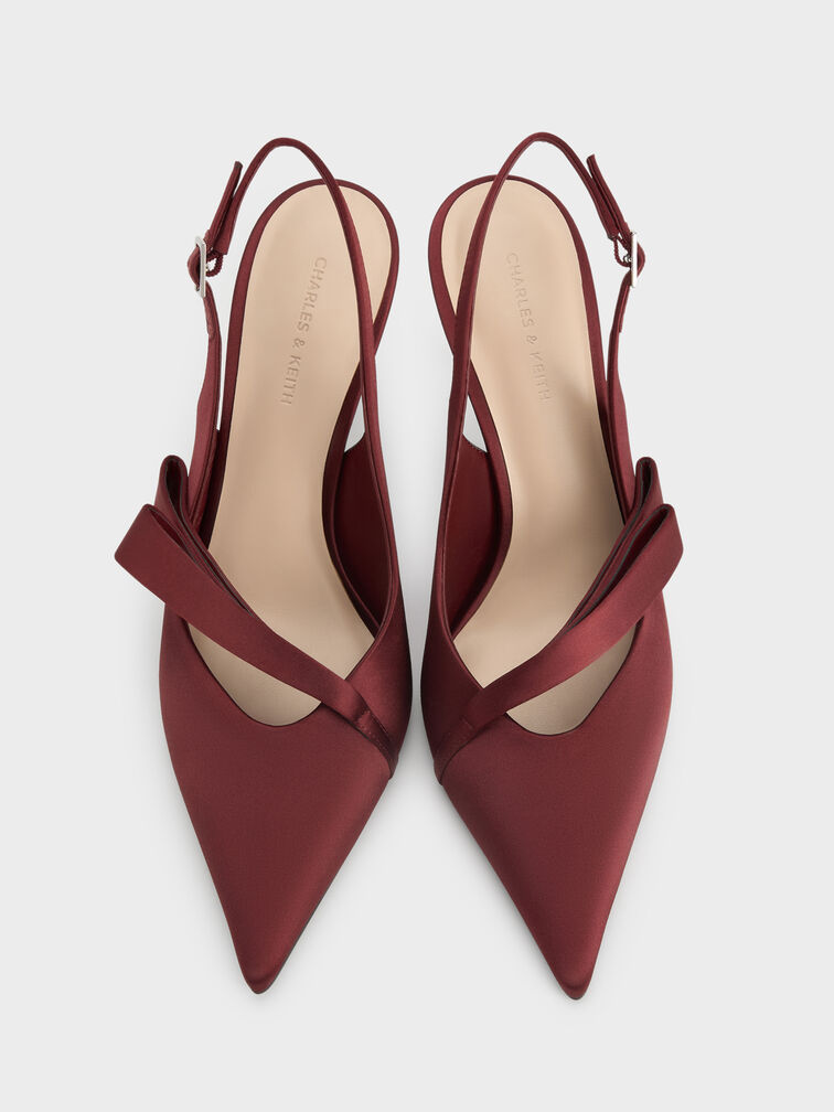 Satin Pleated-Strap Slingback Pumps, Red, hi-res