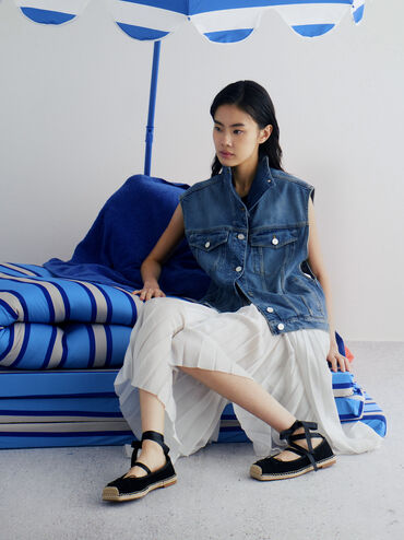 Bernadine Faux Suede Tie-Around Espadrille Flats, Black Textured, hi-res