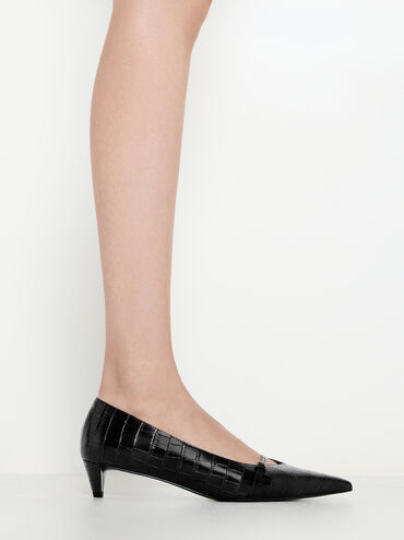 Croc-Effect Buckled Pointed-Toe Kitten-Heel Pumps, Animal Print Black, hi-res
