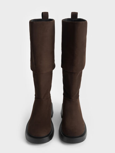 Faux Suede Ruched Knee-High Boots, Brown, hi-res