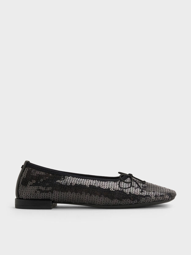 Sequin Mesh & Leather Bow Ballet Flats, Black Textured, hi-res