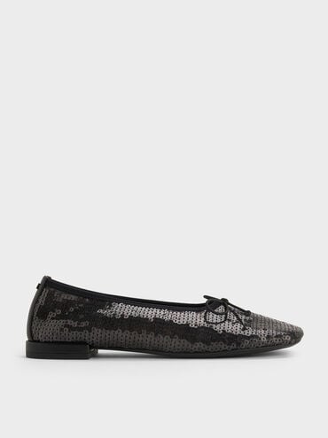Sequin Mesh & Leather Bow Ballet Flats, Black Textured, hi-res