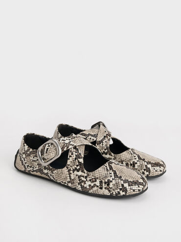 Snake-Print Crossover-Strap Mary Janes, Animal Print Natural, hi-res