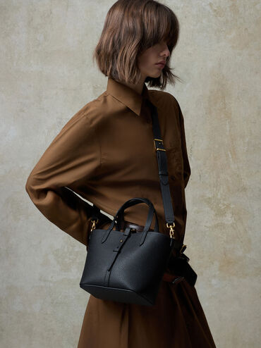 Beryl Recycled Leather Double-Handle Belted Bucket Bag, Black, hi-res