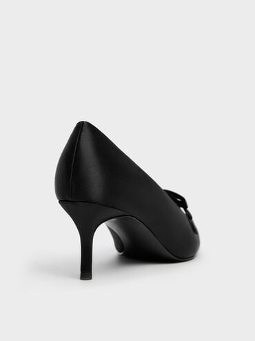 Venetia Satin Bow Pointed Pumps, Black Textured, hi-res