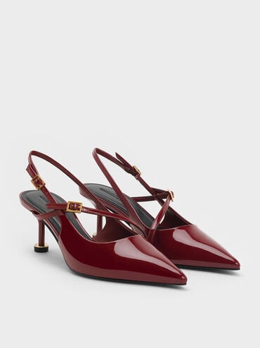 Wynn Patent Buckled Sculptural-Heel Slingback Pumps, Red, hi-res