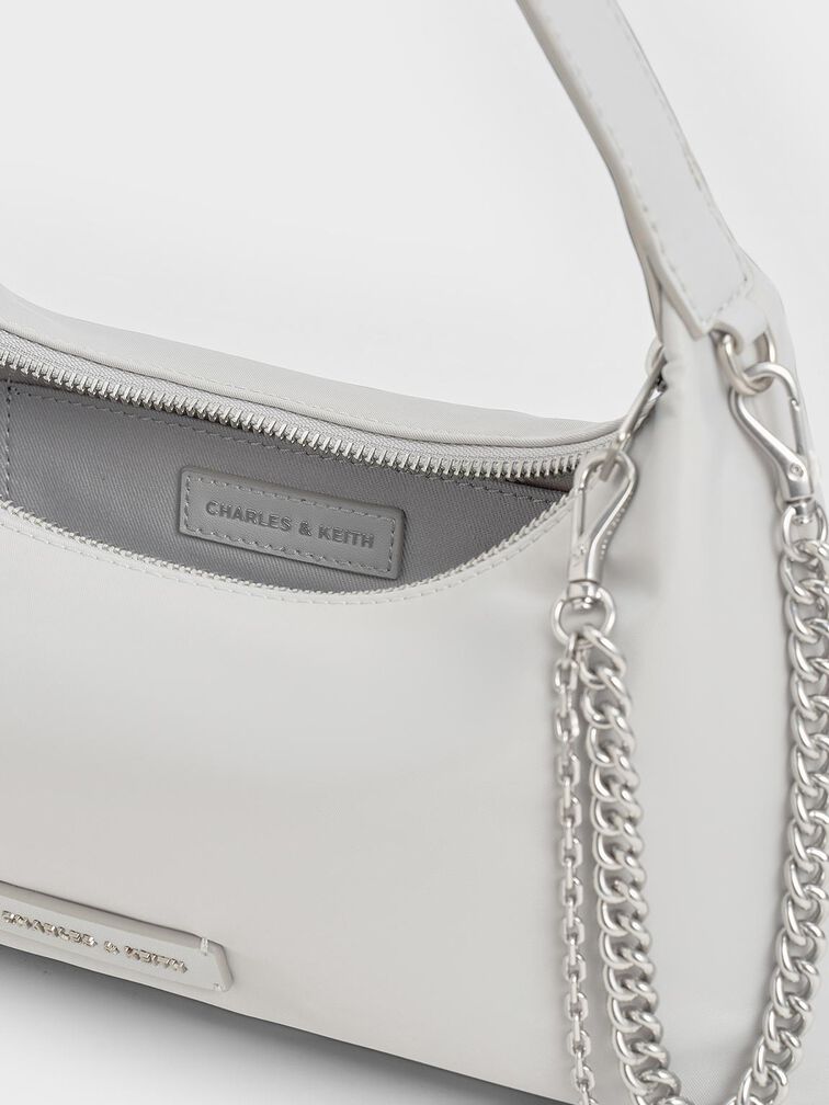 Nylon Chain-Link Trapeze Shoulder Bag, Light Grey, hi-res