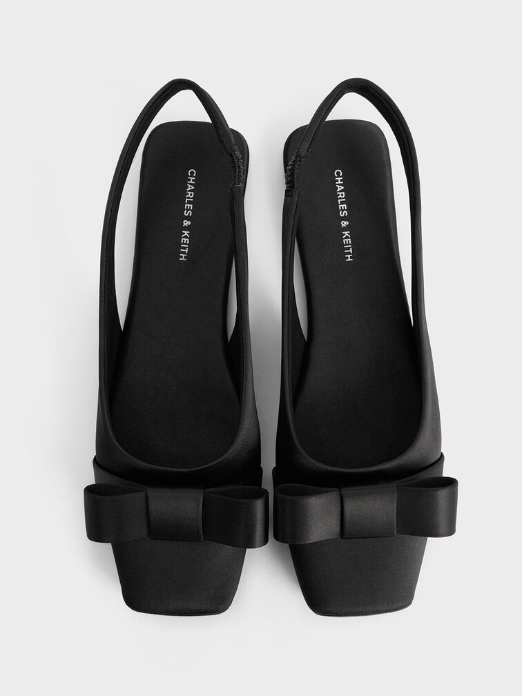 Satin Bow Slingback Ballet Flats, Black Textured Satin Bow Slingback Ballet Flats, Black Textured, hi-res