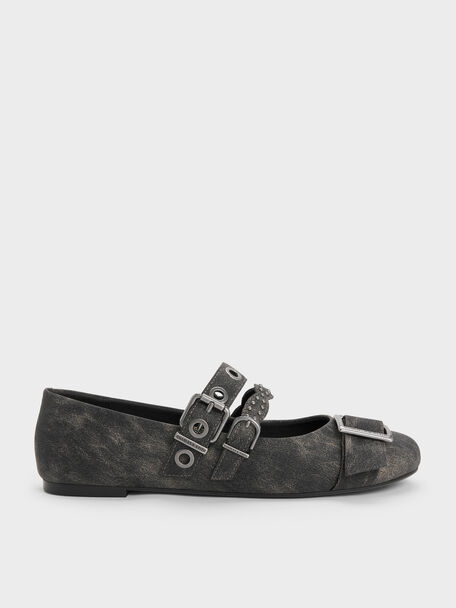 Aether Grommet Studded Mary Jane Flats, Dark Grey, hi-res