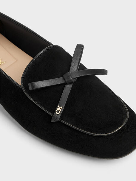 Leather & Suede Bow Loafers, Black Textured, hi-res