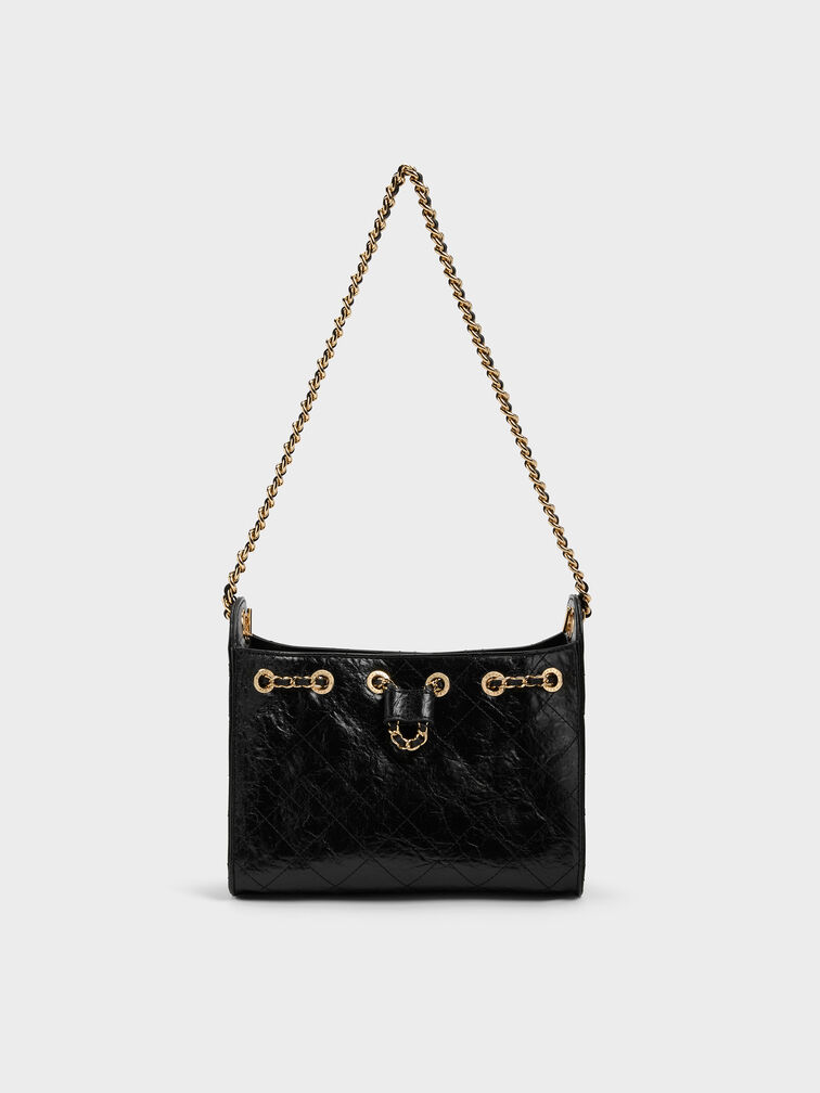 Duo Quilted Drawstring Bucket Bag, Black, hi-res