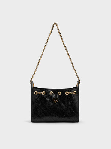 Duo Quilted Drawstring Bucket Bag, Black, hi-res