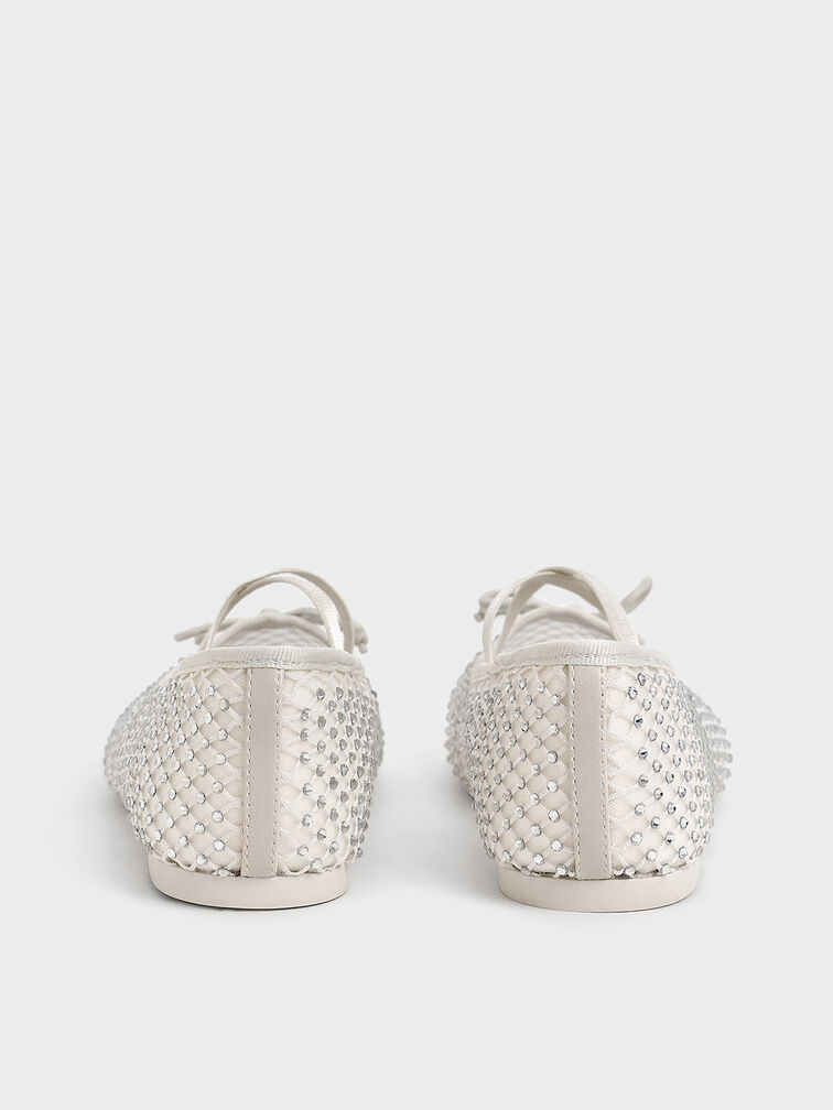 Girls' Mesh Crystal-Embellished Crossover-Strap Ballet Flats, White, hi-res