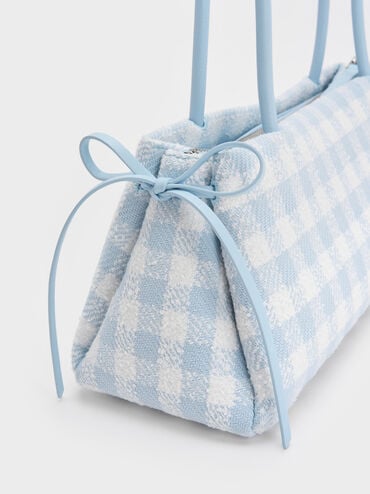 Hazel Gingham Bow Elongated Shoulder Bag, Gingham Blue, hi-res