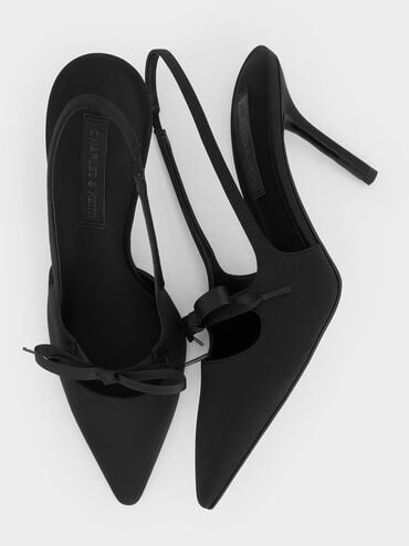 Satin Bow Pointed-Toe Slingback Pumps, Black Textured, hi-res