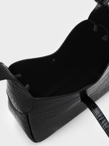 Mini Adalyn Croc-Effect Metallic-Buckle Belted Hobo Bag, Black Croco, hi-res