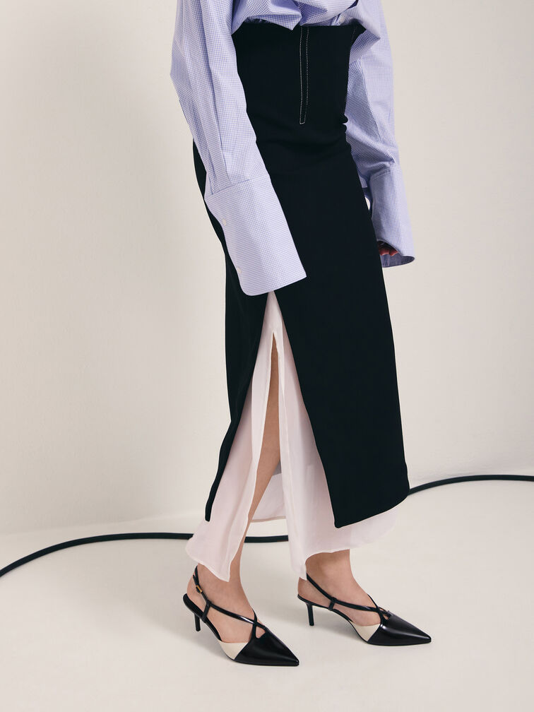 Two-Tone Pointed Slingback Pumps, Black Box, hi-res