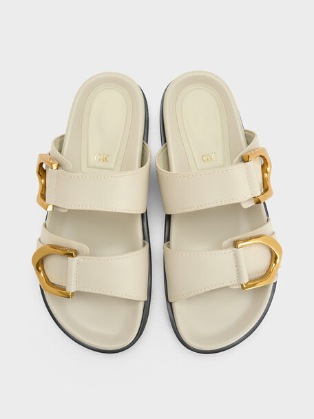 Gabine Gold-Buckle Leather Slides, Chalk, hi-res